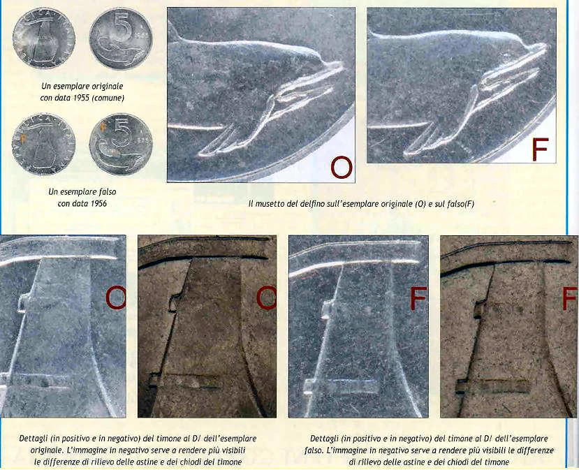 Moneta falsa 5 lire 1956 Particolari a confronto Modoetia Numismaticae