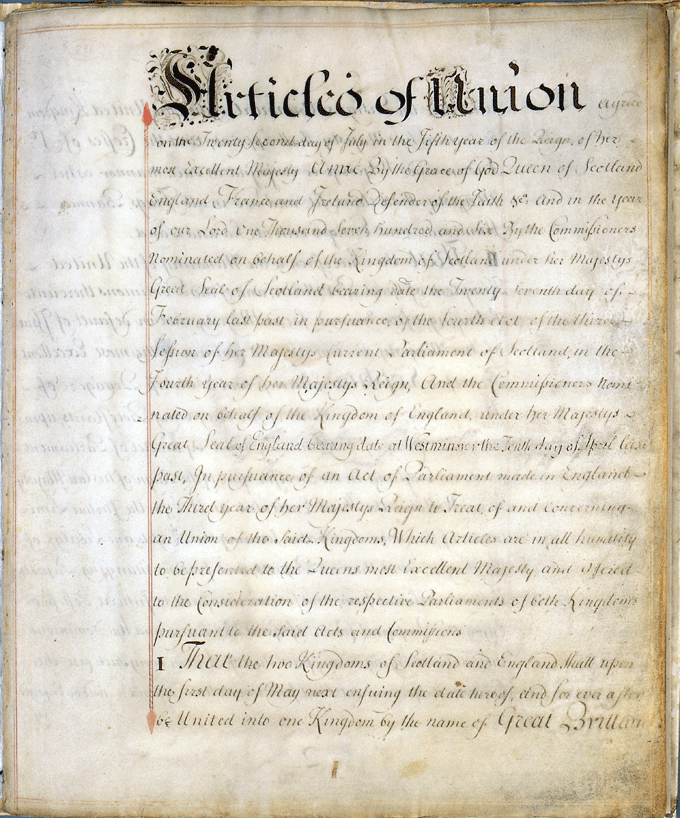 Gli Articoli di Unione con la Scozia del 1707.
