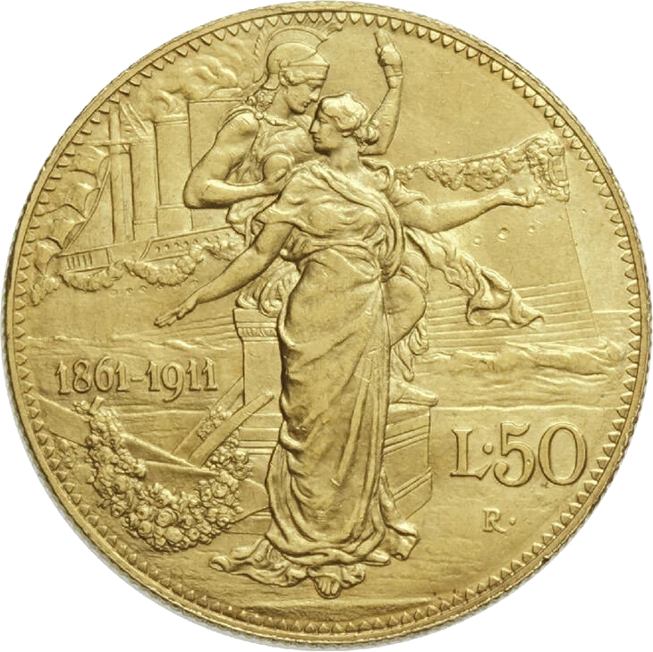 Regno d'Italia 50 lire 1911 rovescio Modoetia Numismaticae